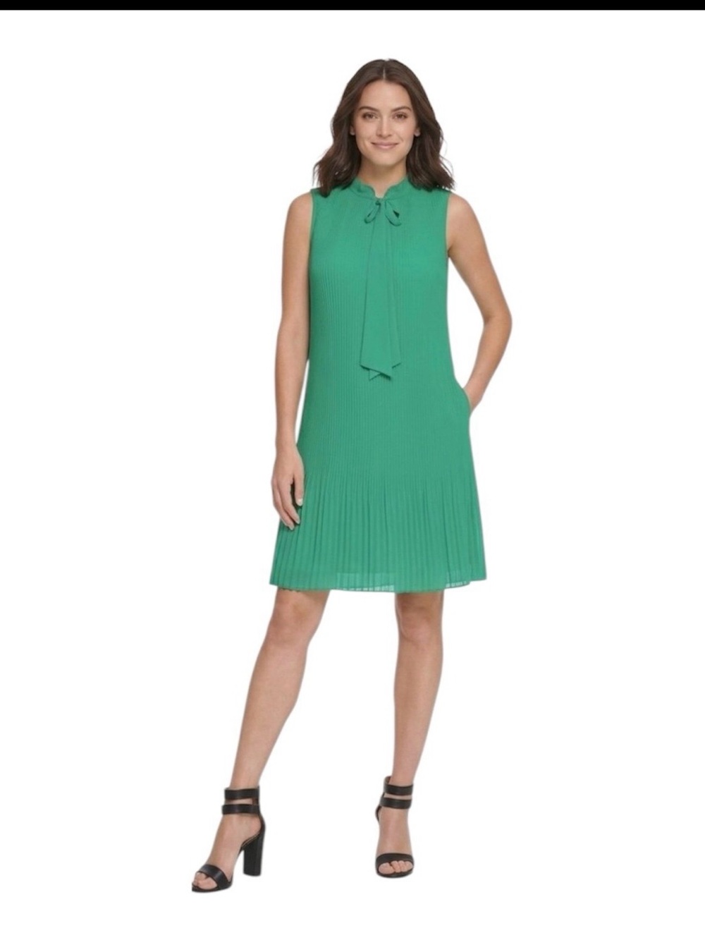 DKNY Green Pleated Bow Tie Neck Sleeveless Shift Dress Chiffon Size 2 $139